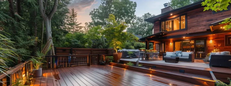 a professional team revitalizes a weathered cedar-sided home and its surrounding wooden deck and fencing, showcasing the striking transformation from dull, aged wood to vibrant, freshly refinished surfaces under clean suburban lighting.