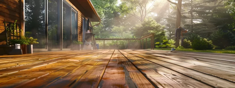 a professional team revitalizes a weathered cedar-sided home and wooden deck using pressure washing techniques, capturing the stark contrast between the old, dull wood and the freshly refinished surfaces in a photorealistic suburban setting.