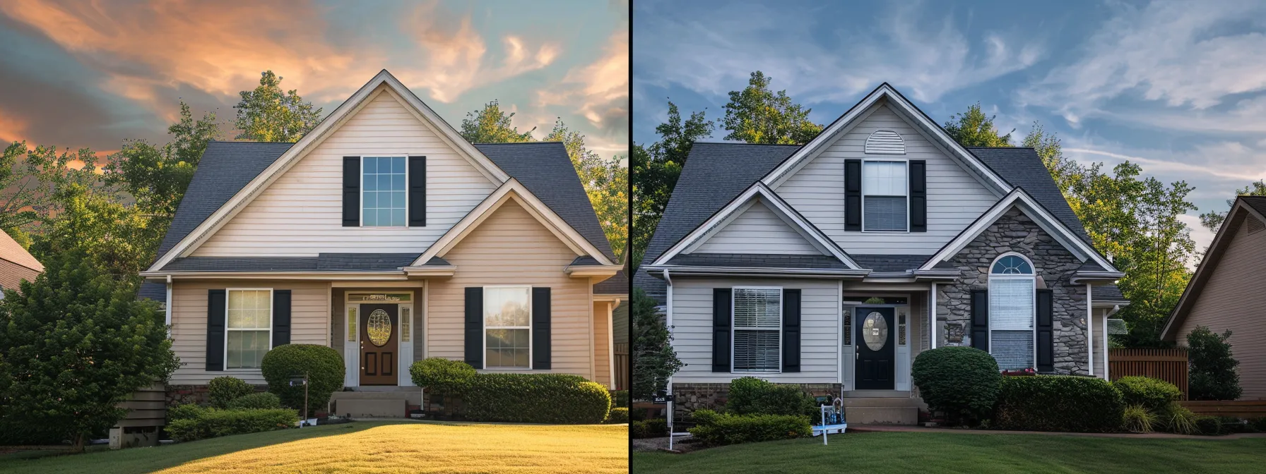 a striking split-image of a suburban home, showcasing the left side with dirty vinyl siding marred by black streaks and mold, while the right side reveals the same home impeccably clean after professional pressure washing, illuminated by soft morning light that enhances the realistic textures of the siding.