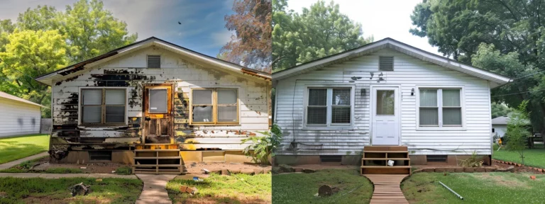 a striking split-screen image showcasing the dramatic transformation of a suburban home, with the left side displaying grime-covered, mold-streaked siding and blackened gutters, while the right side reveals a pristine, freshly power-washed exterior featuring sparkling white siding, gleaming gutters, and a beautifully restored wooden deck.
