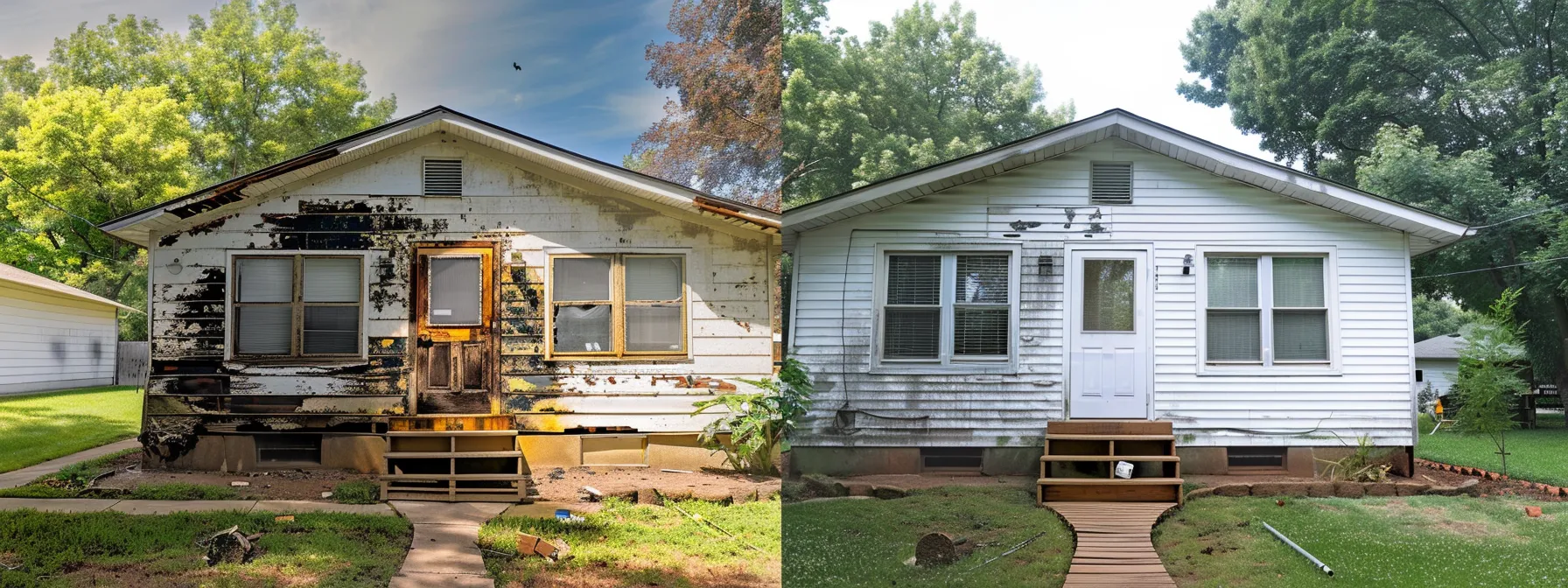 a striking split-screen image showcasing the dramatic transformation of a suburban home, with the left side displaying grime-covered, mold-streaked siding and blackened gutters, while the right side reveals a pristine, freshly power-washed exterior featuring sparkling white siding, gleaming gutters, and a beautifully restored wooden deck.