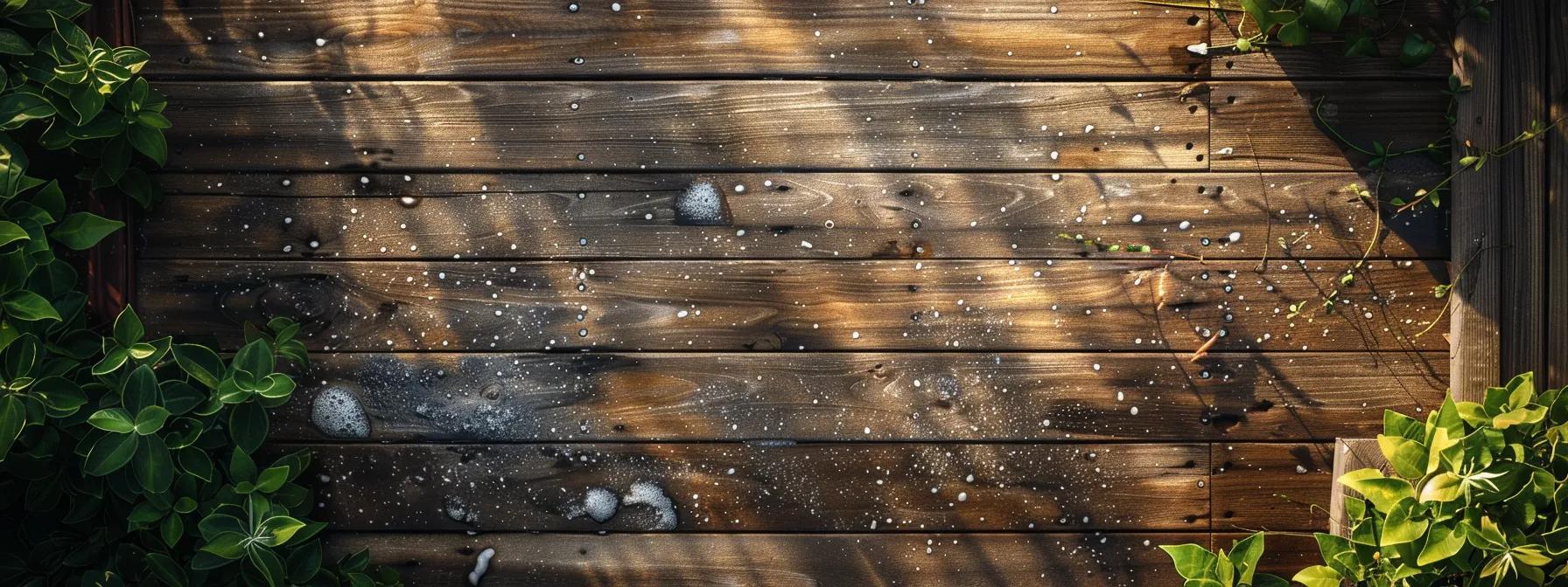 a professional team diligently pressure washing and refinishing a weathered wooden deck, showcasing a striking contrast between the aged, splintered wood and the freshly restored surface, all set in a suburban backyard environment with clear details of wood grain textures under bright, natural lighting.