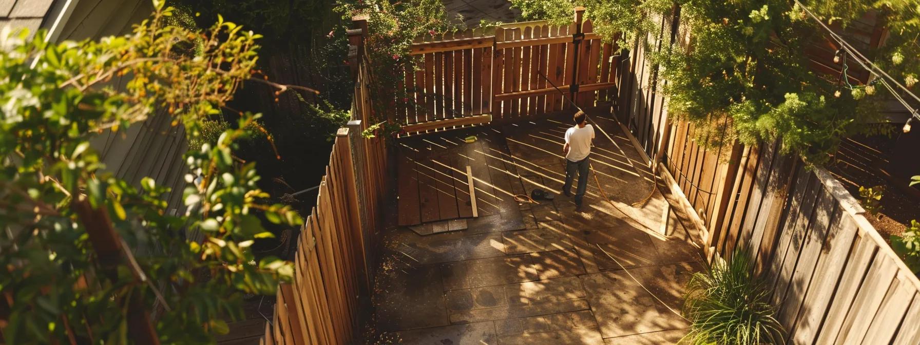 a professional team meticulously applying a rich wood stain on a weathered cedar deck and fencing in a clean suburban backyard, showcasing the striking contrast between the restored surfaces and the aged wood while utilizing pressure washing tools under diffused natural lighting.