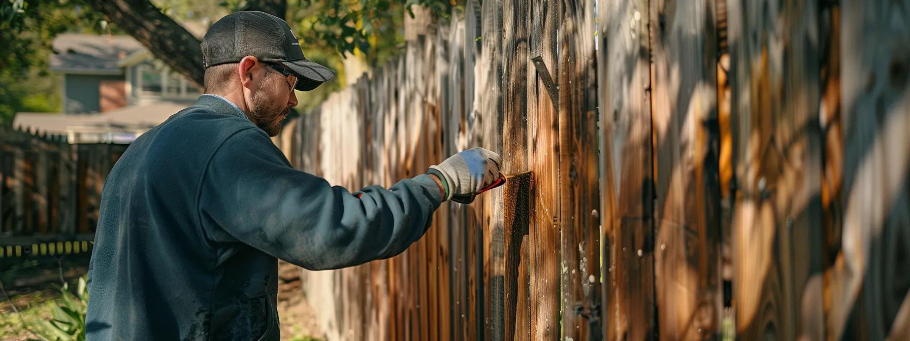 a professional team meticulously refinishing a weathered wooden fence in a suburban backyard, showcasing distinct contrasts between the aged, worn wood and the newly restored, vibrant textures under crisp natural lighting.