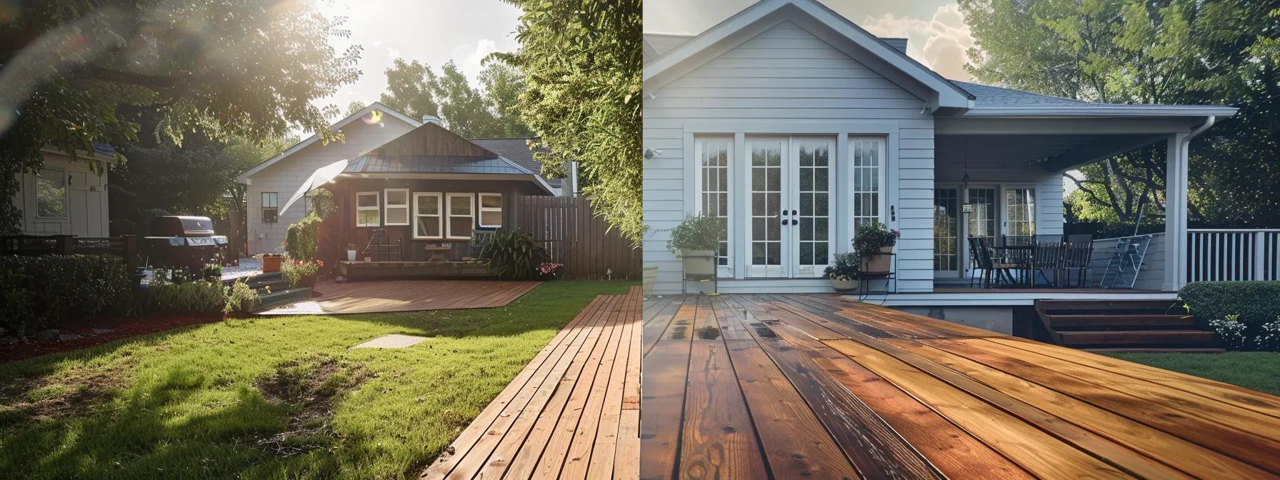 a professional team meticulously refinishes a weathered cedar-sided home and wooden deck in a well-maintained suburban setting, showcasing a striking contrast between the aged, weathered wood and the newly restored surfaces, highlighted by detailed textures and a clean environment.