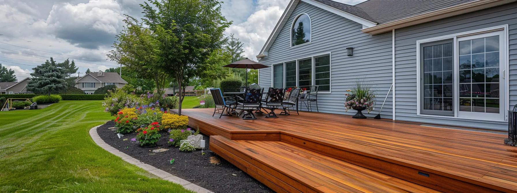 Deck staining tools including brushes and rollers on a wooden surface.