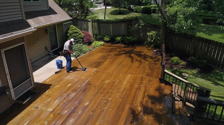 A professionally restored wooden deck in a suburban Lake County, Indiana backyard. The deck has a rich, warm finish with visible natural wood grain, surrounded by lush green landscaping. It's a sunny afternoon with soft shadows, suggesting a freshly stained, clean surface. A craftsman in TimberSeal uniform is seen applying the final coat using a brush, showing care and precision. Tools like a sprayer, brush, and cleaning supplies are visible. Background includes a well-maintained fence and possibly cedar siding on a nearby house, highlighting additional TimberSeal services. The scene should feel inviting, professional, and showcase high-quality wood restoration in a real-life setting.