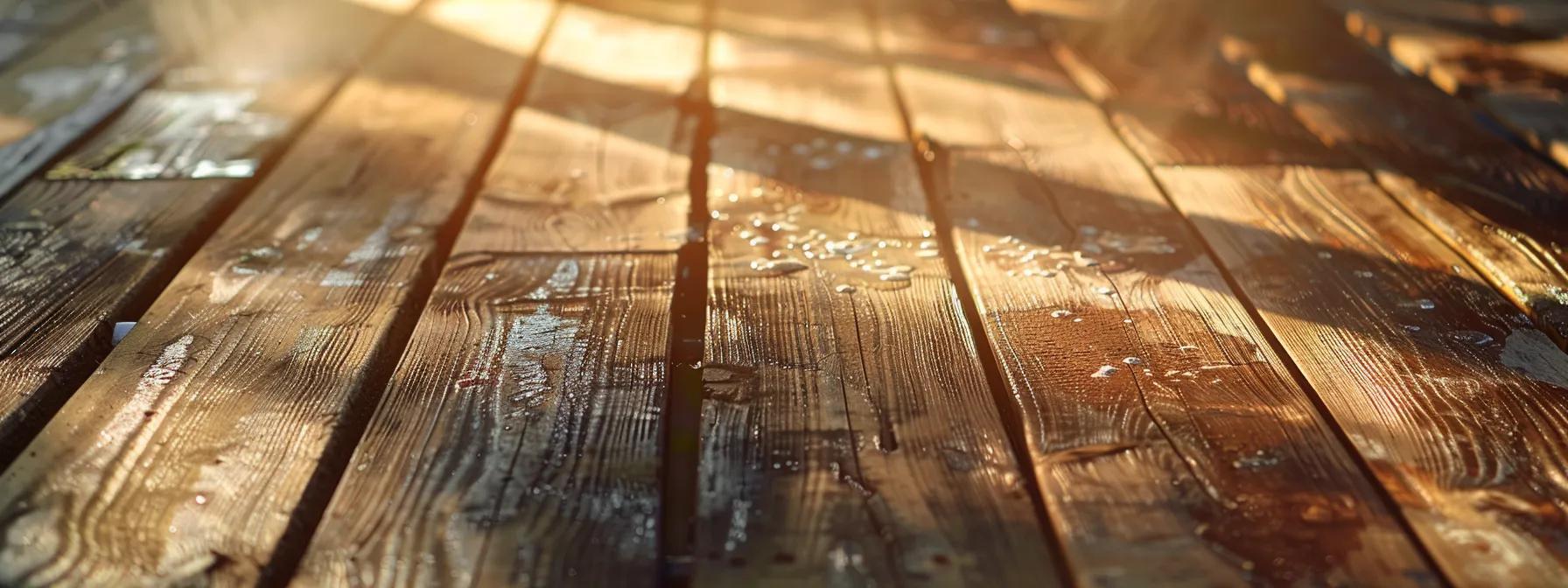 a professional team meticulously refinishing a weathered wooden deck under the warm, golden glow of late afternoon sunlight, showcasing the striking contrast between the worn surfaces and the freshly applied, vibrant stain, with pressure washing tools and clean textures highlighting the craft of restoration.