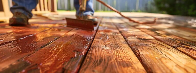 a vibrant scene captures a professional team applying a rich, protective stain to a newly restored wooden deck, showcasing a striking contrast between the weathered surface and the freshly varnished wood in a clean suburban backyard.