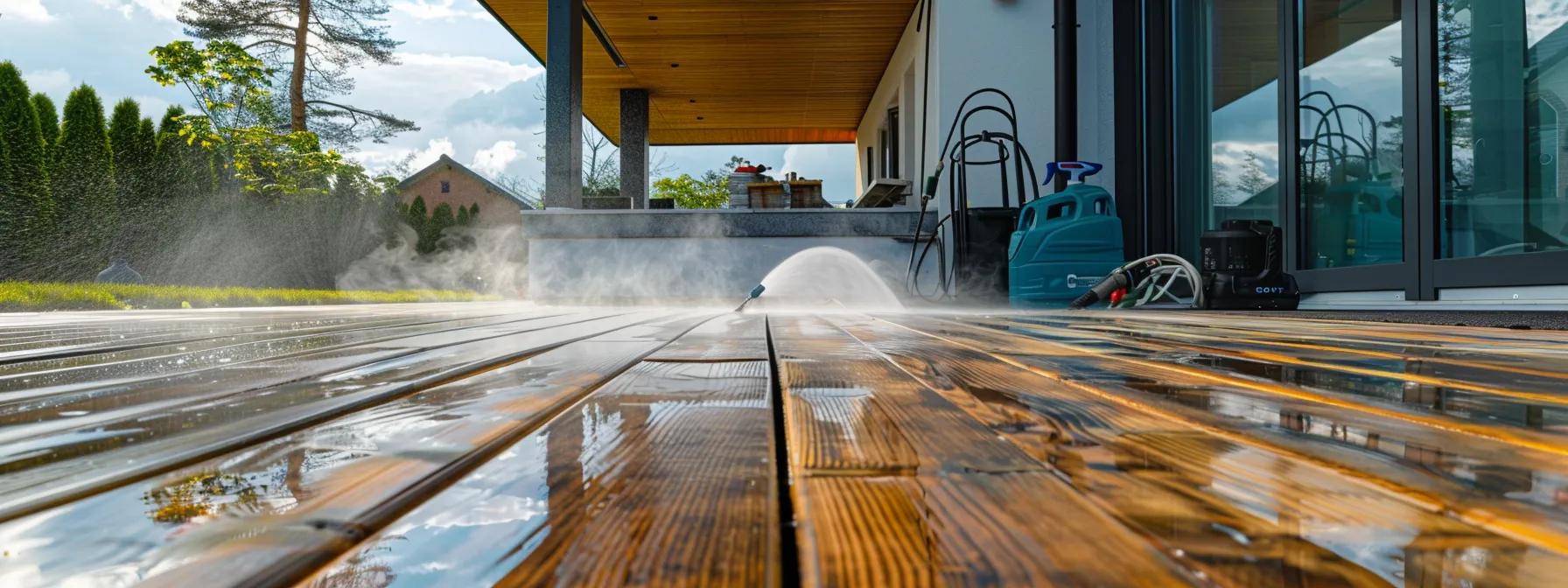 in a suburban setting, a professional team is actively restoring weathered wooden surfaces, with stark contrasts between the sun-bleached, peeling deck and the freshly refinished wood, while pressure washing tools and refinishing equipment are set against a backdrop of a well-maintained, modern home.