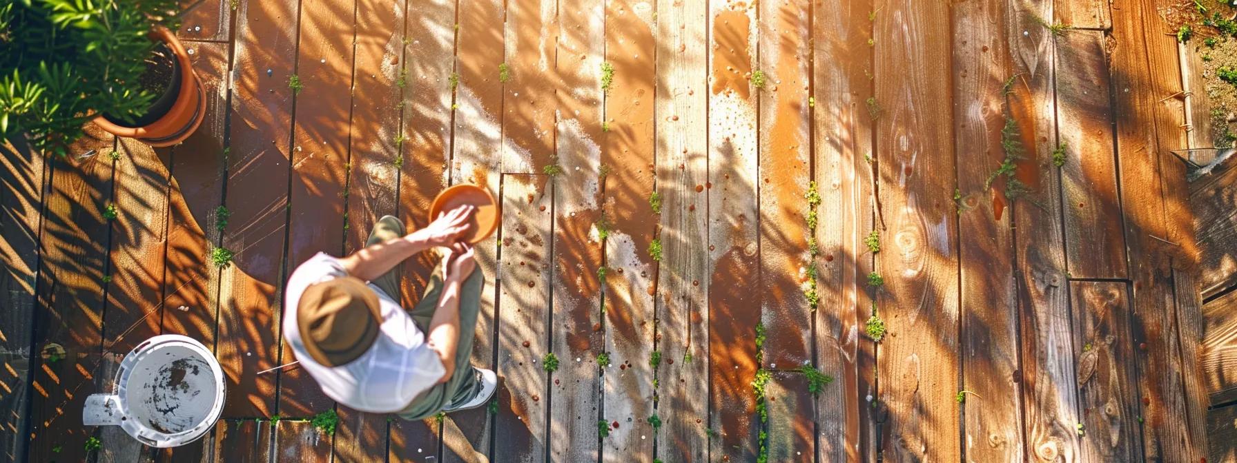 a skilled professional team energetically refinishes a weathered wooden deck, showcasing the vivid contrast between the old, cracked surfaces and the newly restored, richly textured wood, all set in a bright suburban backyard under clear summer sunlight.