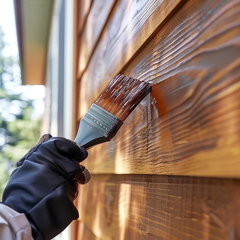 Technician applying stain to cedar siding, demonstrating TimberSeal's expert staining and restoration services