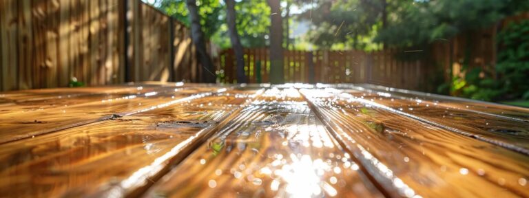 a focused scene depicting a professional team diligently restoring a weathered cedar deck and backyard fencing in a clean suburban setting, showcasing the striking contrast between the aged, worn wood and the newly refinished surfaces, illuminated by bright natural light that highlights the intricate textures of the wood grain.