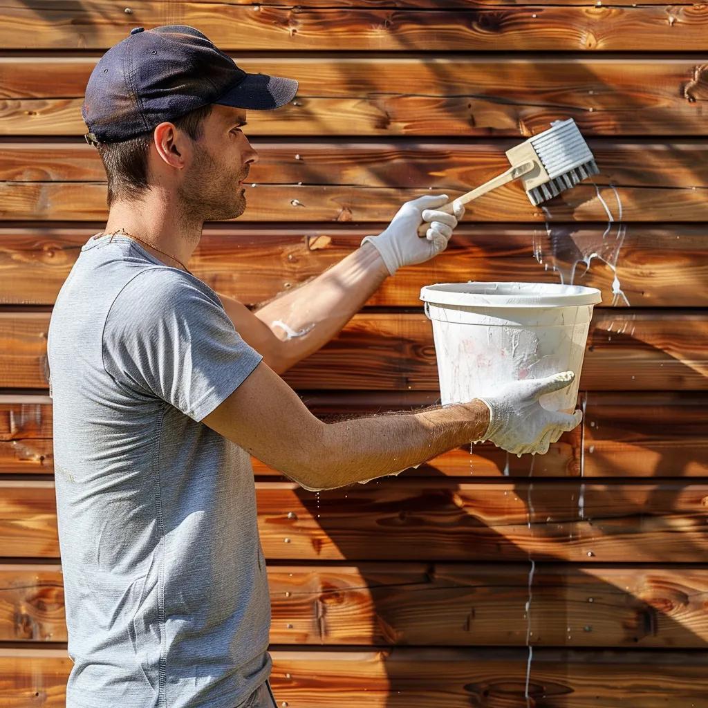Homeowner cleaning cedar siding with a soft brush, demonstrating best practices for wood maintenance
