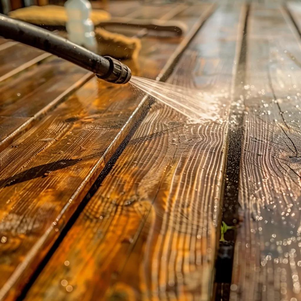Person cleaning a weathered wooden deck, illustrating the annual deck restoration process