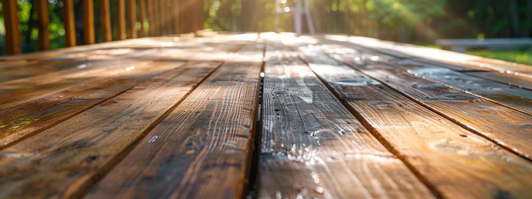 a professional team meticulously refinishes a weathered wooden deck in a suburban backyard, showcasing a striking contrast between the rich, freshly stained wood and the faded, worn surfaces, with specialized equipment and high-detail textures illuminated by bright afternoon light.