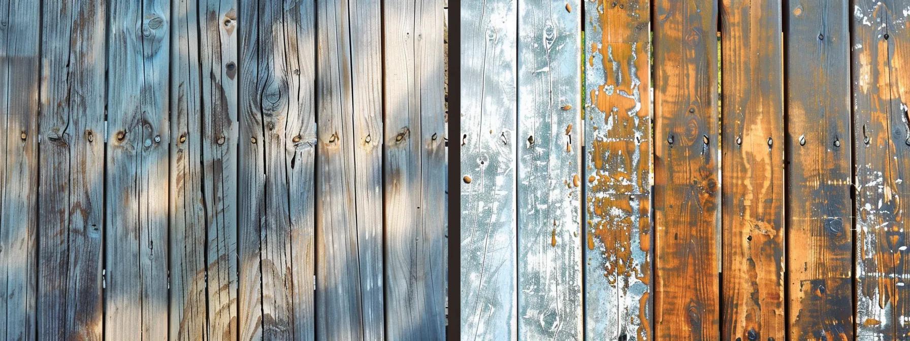 a professional team skillfully refinishing a weathered wooden deck and fencing with specialized equipment under the bright july sun, showcasing a striking contrast between the old, faded wood and the newly restored textures in a clean suburban backyard setting.