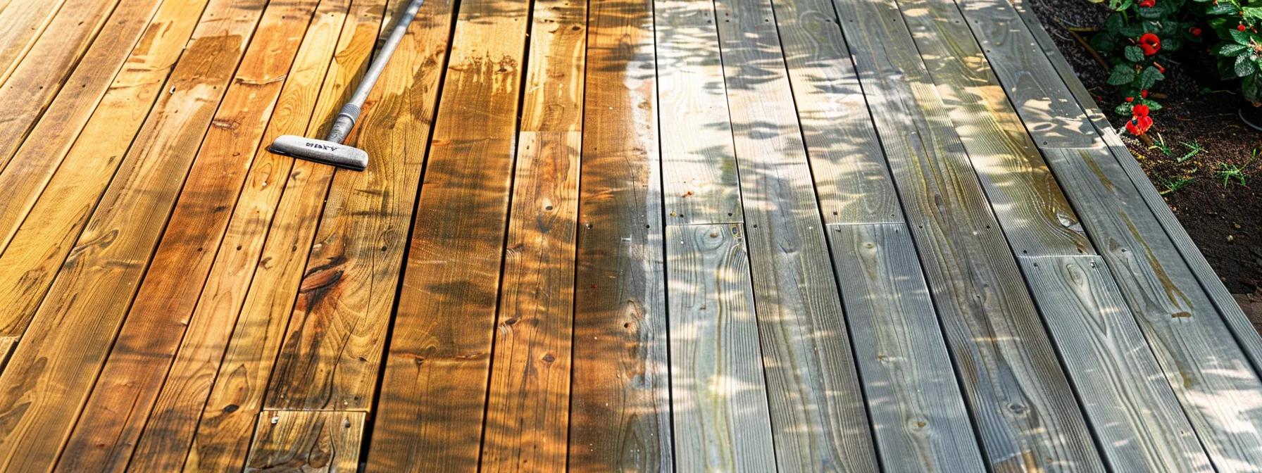 a professional team vigorously restores a weathered cedar deck in a suburban backyard, showcasing the stark contrast between the faded, sun-damaged wood and the newly stained surface, with pressure washing tools and vibrant textures highlighted under bright summer light.