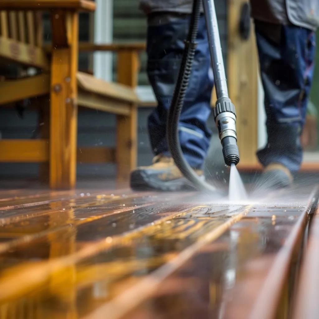 Technician pressure washing a wooden deck, illustrating the deck cleaning process by TimberSeal