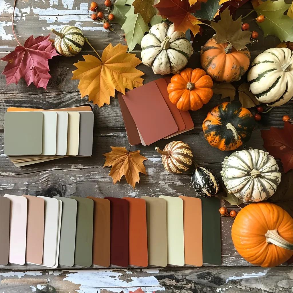Selection of popular autumn paint colors with seasonal decor