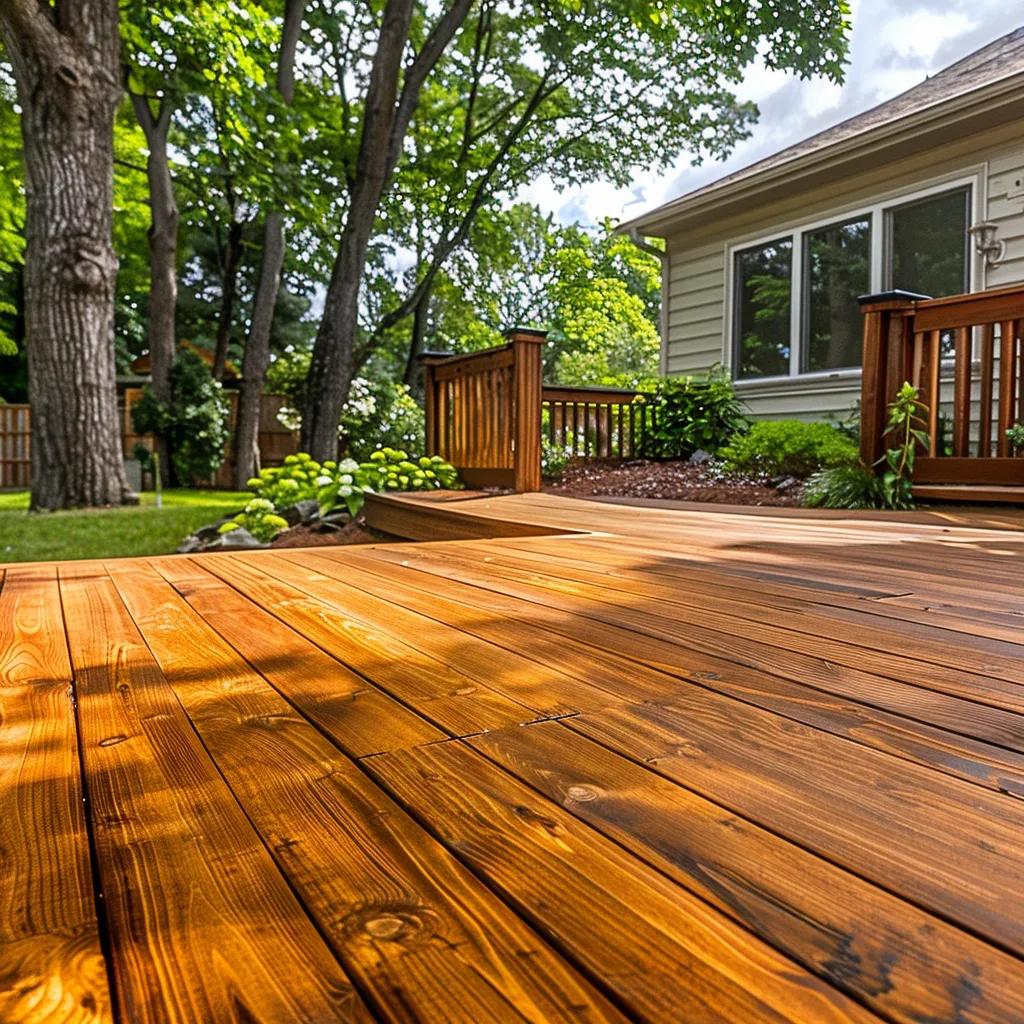 Beautifully restored wooden deck surrounded by greenery, showcasing TimberSeal's exterior wood restoration services