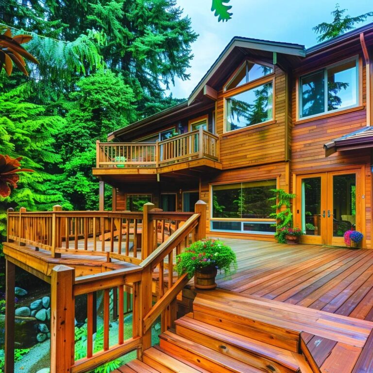 Beautifully maintained cedar siding and deck showcasing effective wood preservation techniques