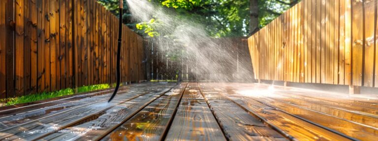 A professional team restoring and refinishing outdoor wood surfaces such as a weathered cedar-sided home, wooden deck, and backyard fencing in a suburban setting. Workers using pressure washing and refinishing tools. Clear contrast between old, worn wood and freshly restored surfaces. Natural lighting, clean environment, high-detail textures of wood grain. Photorealistic style, high-resolution, ideal for blog illustrations