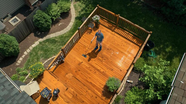 A professionally restored wooden deck in a suburban Lake County, Indiana backyard. The deck has a rich, warm finish with visible natural wood grain, surrounded by lush green landscaping. It's a sunny afternoon with soft shadows, suggesting a freshly stained, clean surface. A craftsman in TimberSeal uniform is seen applying the final coat using a brush, showing care and precision. Tools like a sprayer, brush, and cleaning supplies are visible. Background includes a well-maintained fence and possibly cedar siding on a nearby house, highlighting additional TimberSeal services. The scene should feel inviting, professional, and showcase high-quality wood restoration in a real-life setting.
