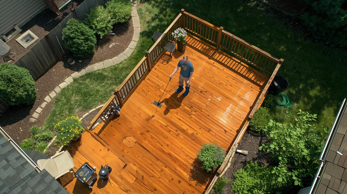 A professionally restored wooden deck in a suburban Lake County, Indiana backyard. The deck has a rich, warm finish with visible natural wood grain, surrounded by lush green landscaping. It's a sunny afternoon with soft shadows, suggesting a freshly stained, clean surface. A craftsman in TimberSeal uniform is seen applying the final coat using a brush, showing care and precision. Tools like a sprayer, brush, and cleaning supplies are visible. Background includes a well-maintained fence and possibly cedar siding on a nearby house, highlighting additional TimberSeal services. The scene should feel inviting, professional, and showcase high-quality wood restoration in a real-life setting.