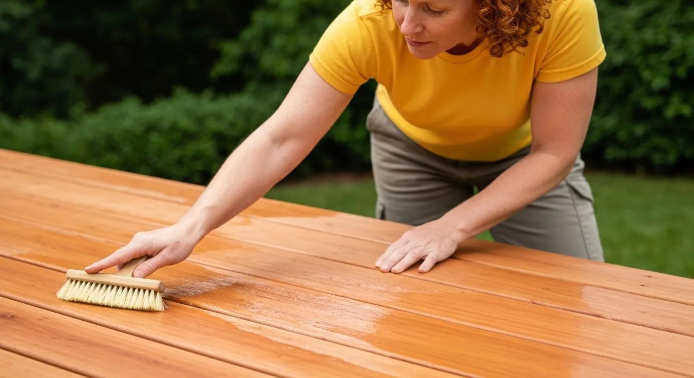A person meticulously cleaning a cedar deck using a soft brush and an oxygen bleach solution, demonstrating proper technique