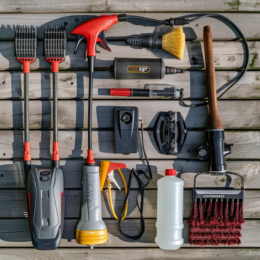 Essential deck cleaning tools for fall preparation including pressure washer and brushes