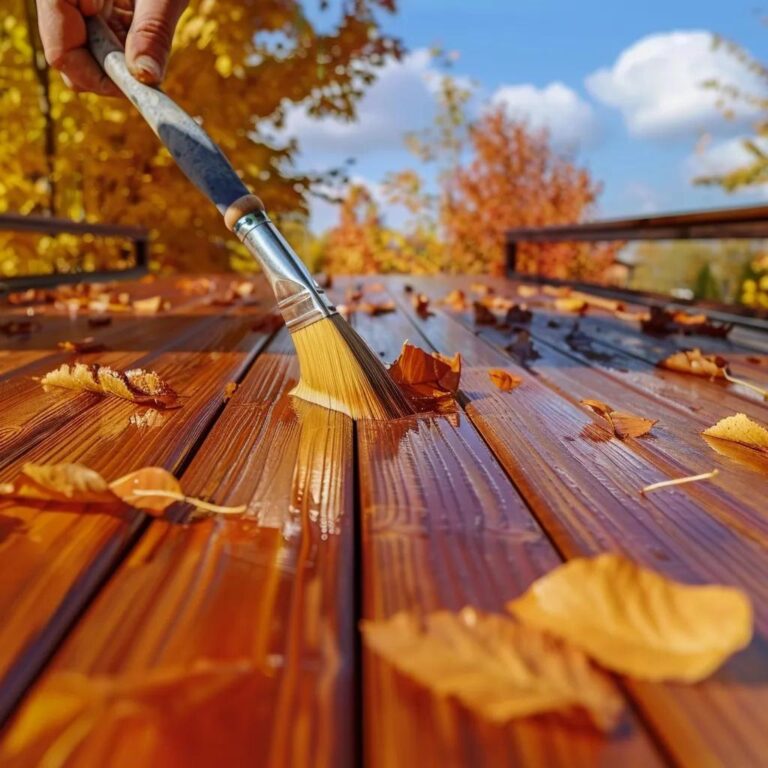 Wooden deck being stained in autumn with colorful leaves, highlighting fall deck maintenance