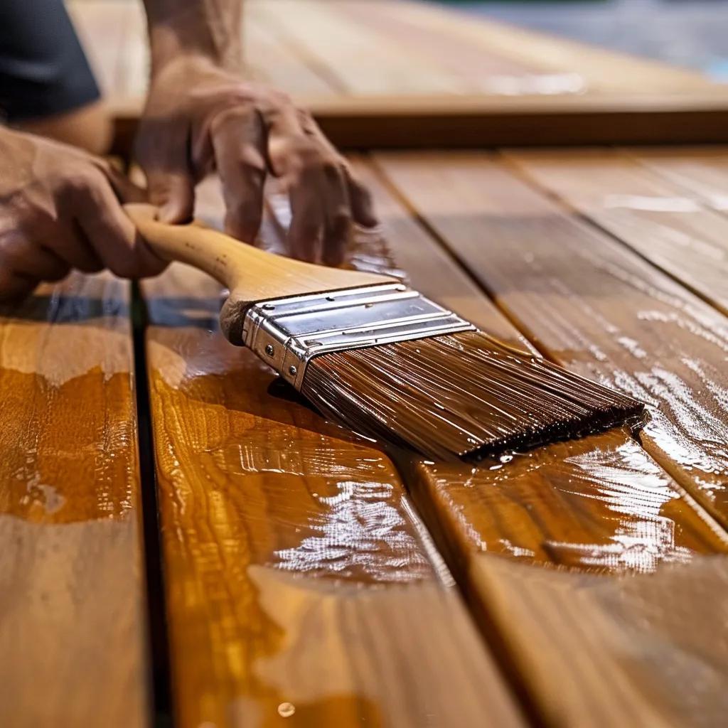 Person applying deck stain to wooden surface, demonstrating proper staining technique
