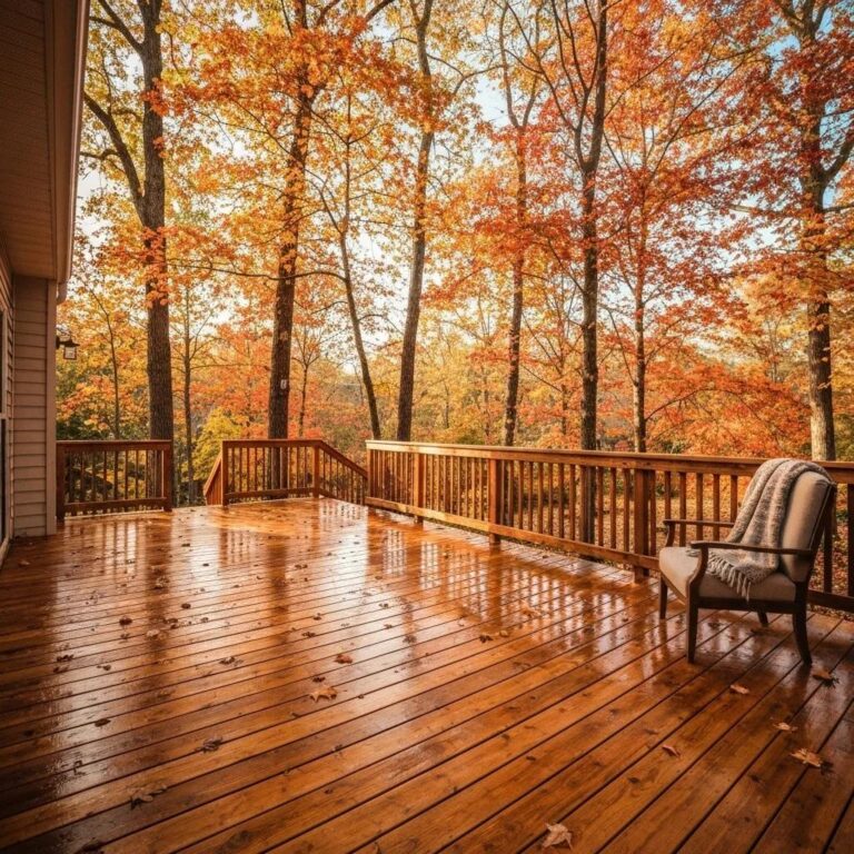 Beautifully restored wooden deck in autumn surrounded by colorful leaves, emphasizing fall deck revival
