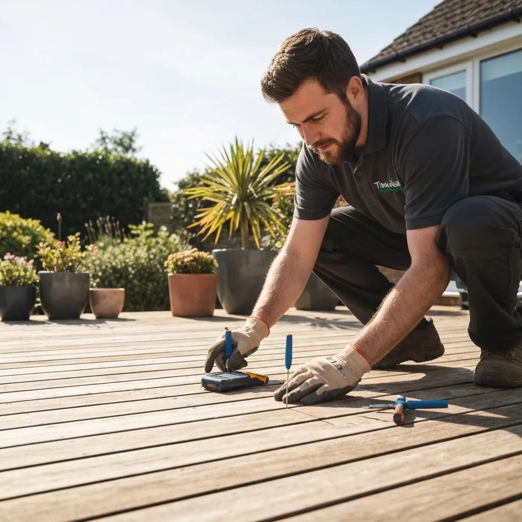 TimberSeal technician inspecting wooden deck with moisture meter, highlighting the restoration process