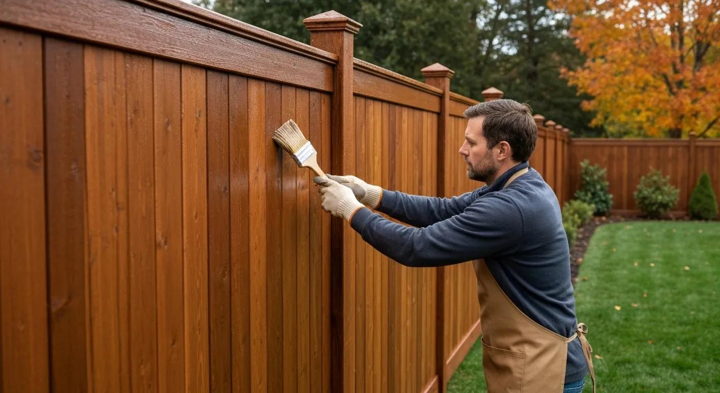 Applying a water-repellent sealant to a cedar fence, emphasizing proper maintenance practices for winter protection