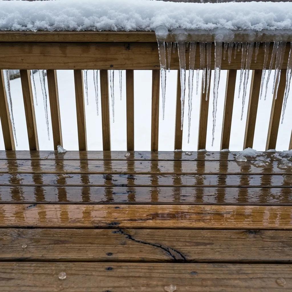 A wooden deck exhibiting signs of winter damage, including visible cracks and a dusting of snow, illustrating the challenges decks face in harsh winter conditions.