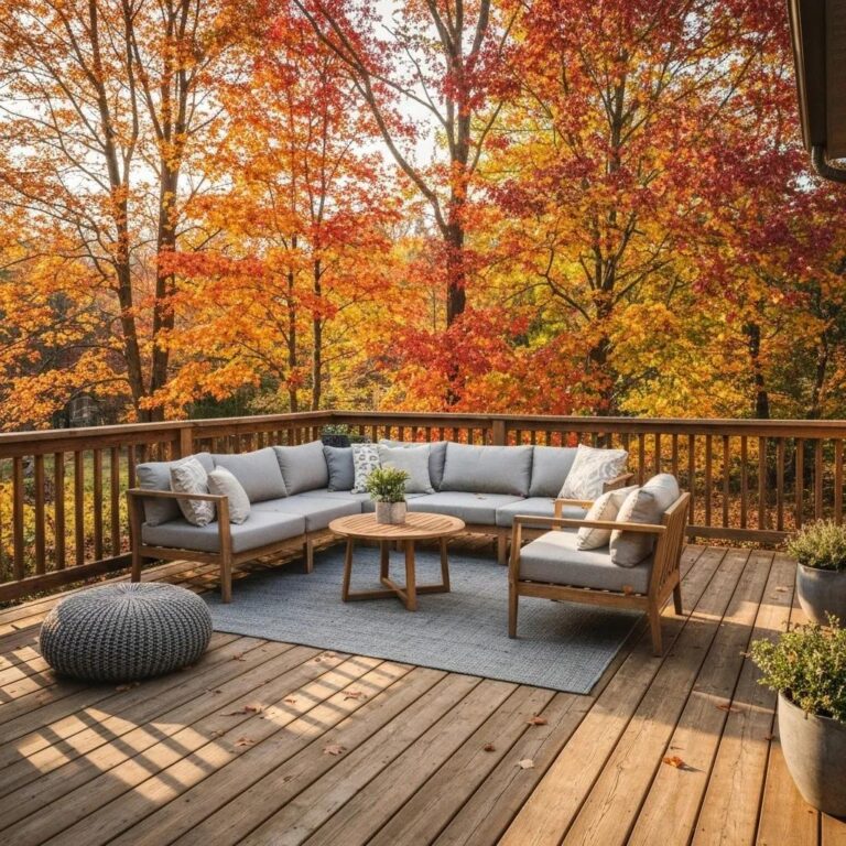 Restored wooden deck in autumn surrounded by colorful leaves, emphasizing pre-winter wood restoration