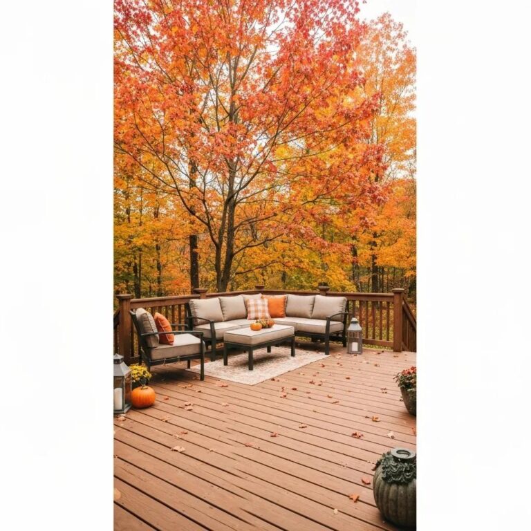 A cozy wooden deck bathed in autumn light, surrounded by vibrant fall foliage, featuring comfortable outdoor seating and seasonal decor