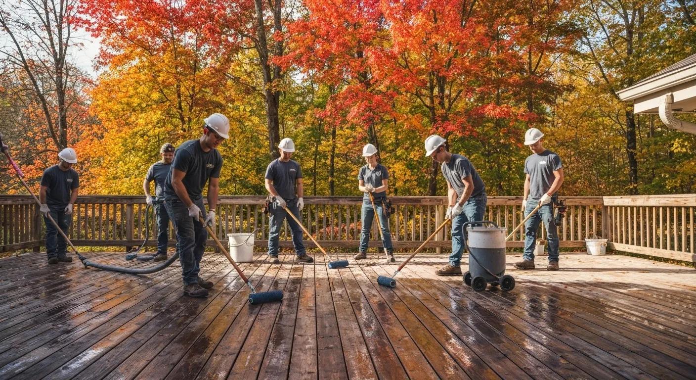 A professional crew applying sealant to a deck, using specialized equipment and safety gear in an autumn setting