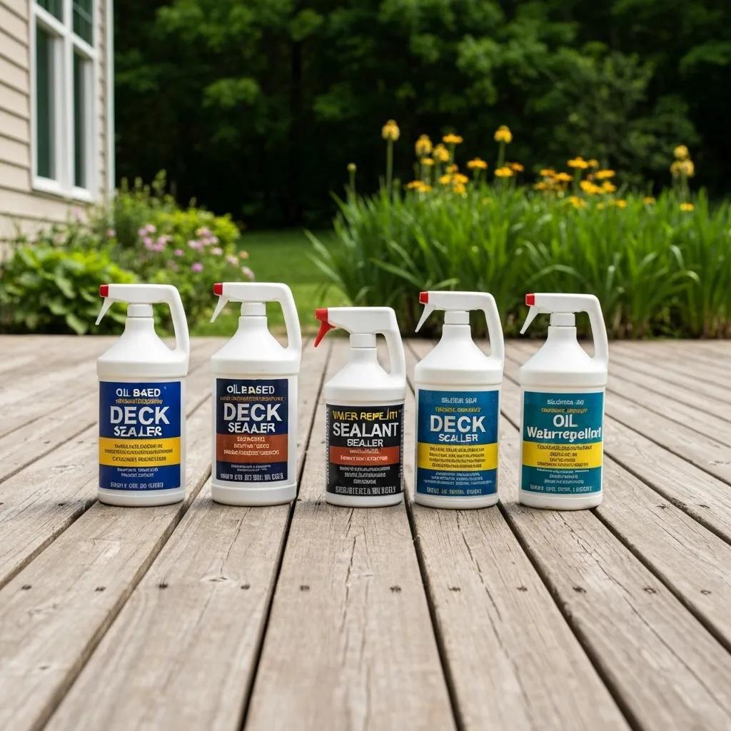 A curated selection of deck sealants displayed on a wooden surface, showcasing various options for winter protection and deck maintenance